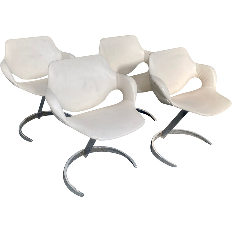Set of 4 vintage armchairs in chrome steel and leather by Boris Tabacoff for Mobilier Modulaire Moderne, 1970