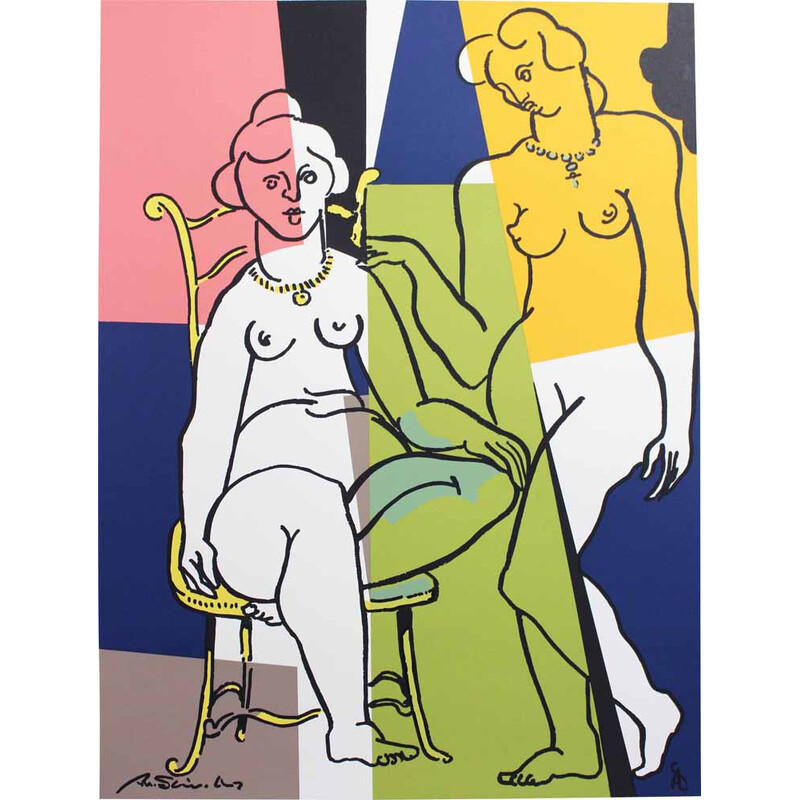 Vintage lithograph “Two Nudes” in color by Albert Stürchler, Switzerland 1970