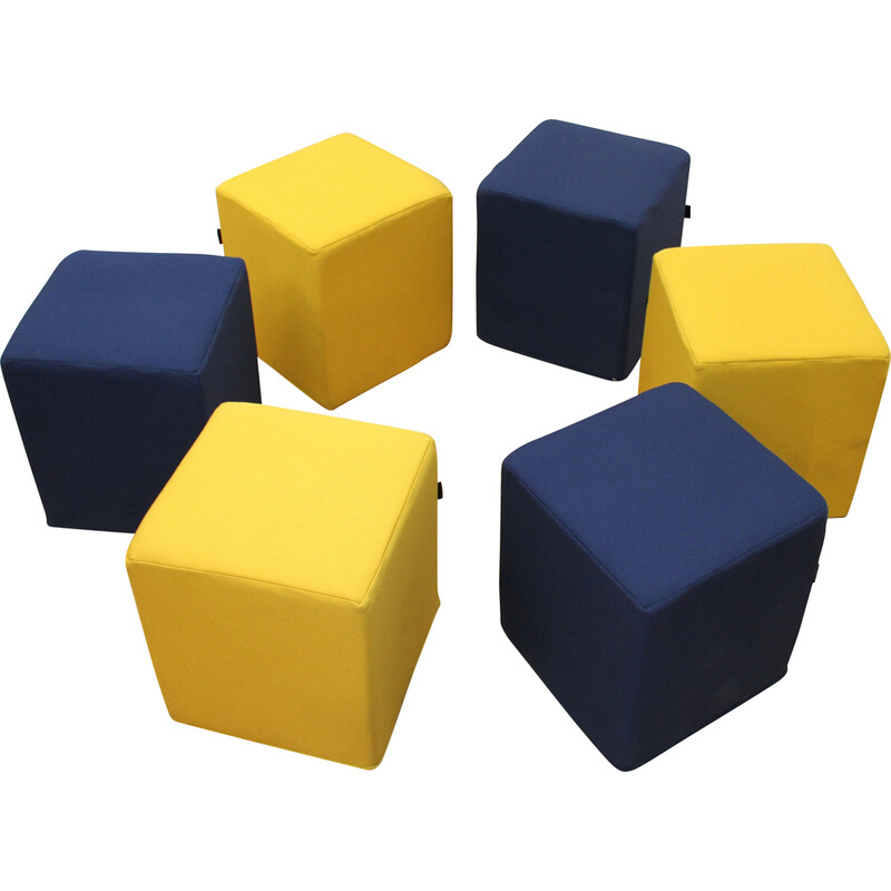 Set of 6 vintage poufs in blue and yellow fabric for Softline