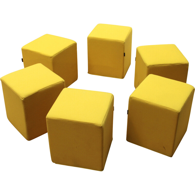 Set of 6 vintage poufs in yellow fabric for Softline