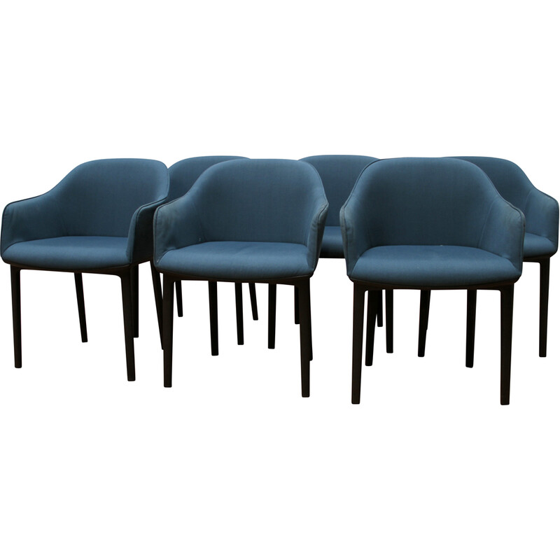 Conjunto de 6 sillones Softshell de plástico negro y tela azul de Ronan y Erwan Bouroullec para Vitra