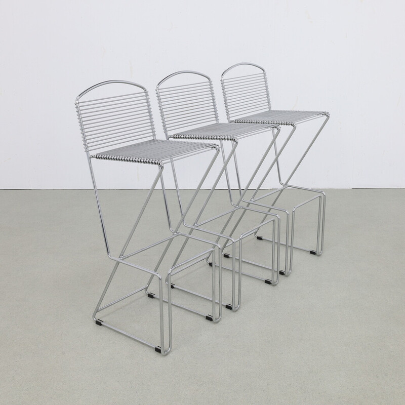 Set of 3 vintage chrome metal bar stools, 1980