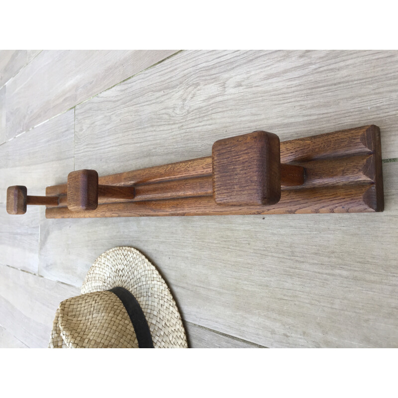 Vintage solid oak coat rack with 3 hooks, 1930