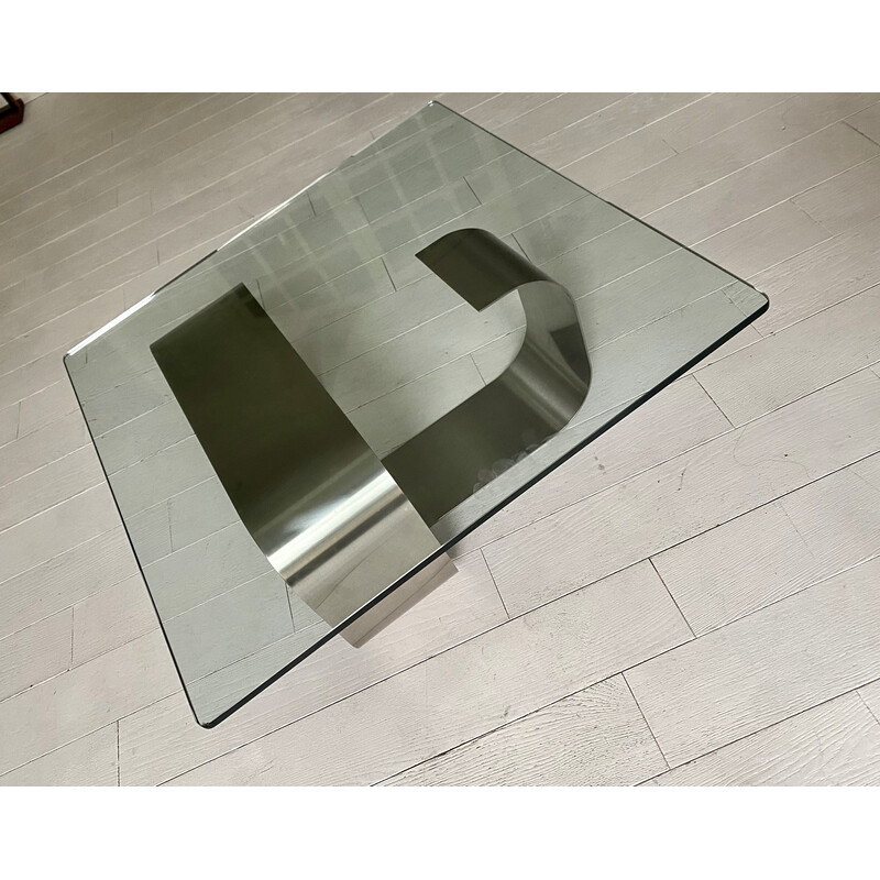 Table basse vintage Naja en aluminium brossé et verre de François Monnet pour Kappa, France 1970