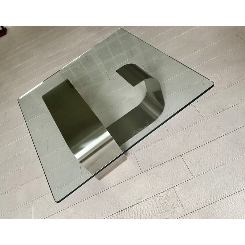 Vintage Naja coffee table in brushed aluminum and glass by François Monnet for Kappa, France 1970