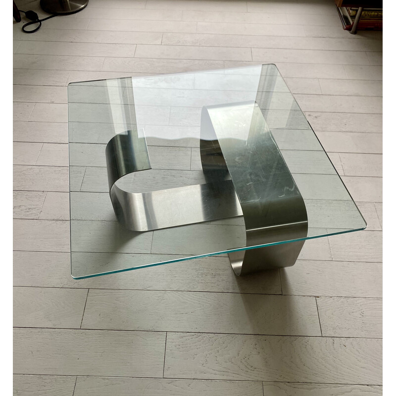 Table basse vintage Naja en aluminium brossé et verre de François Monnet pour Kappa, France 1970