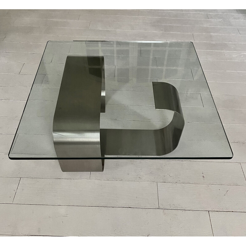 Vintage Naja coffee table in brushed aluminum and glass by François Monnet for Kappa, France 1970