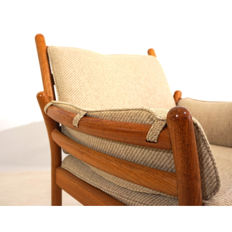 Fauteuil vintage en teck et tissu en laine beige marron par Illum Wikkelso pour CFC Silkeborg, 1960