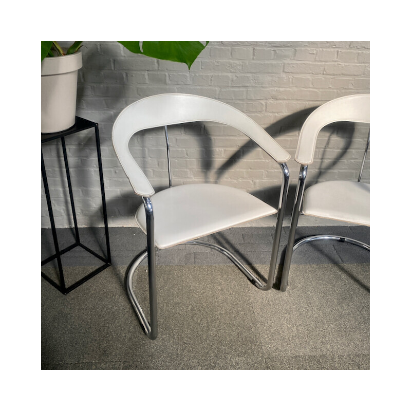 Pair of vintage Canasta armchairs in white leather and chrome metal for Arrben, Italy 1980