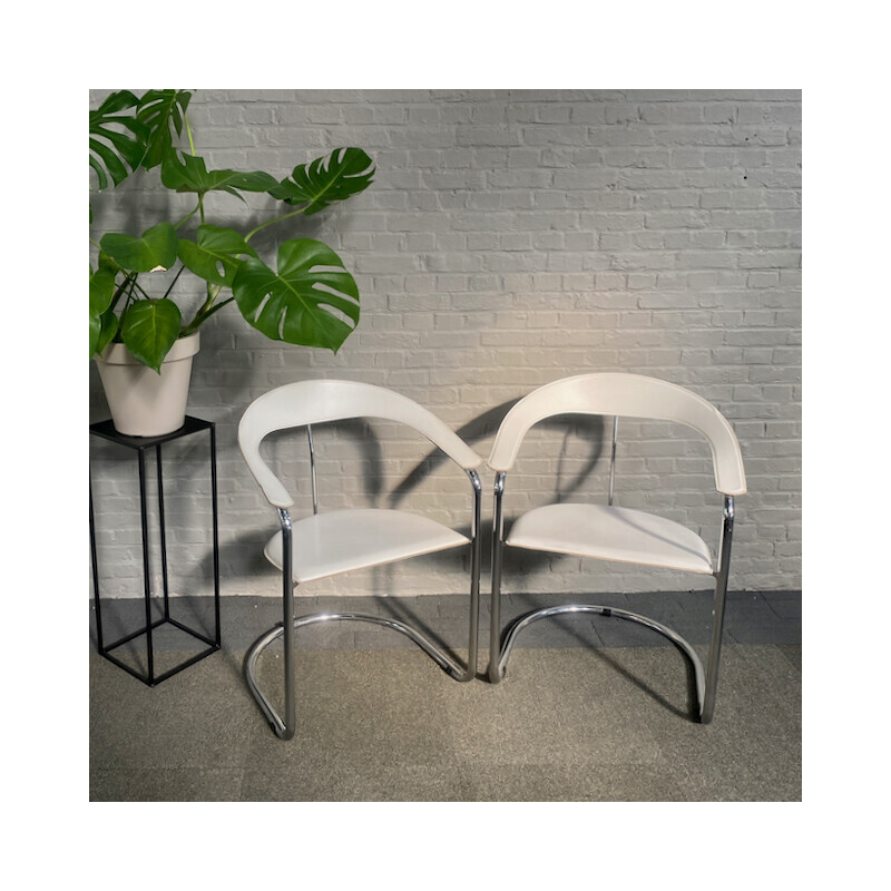 Pair of vintage Canasta armchairs in white leather and chrome metal for Arrben, Italy 1980