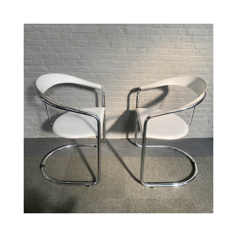 Paar vintage Canasta fauteuils in wit leer en verchroomd metaal voor Arrben, Italië 1980