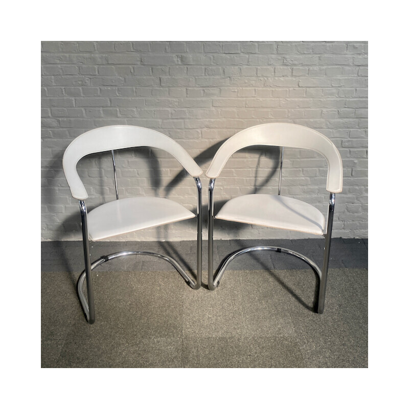 Pair of vintage Canasta armchairs in white leather and chrome metal for Arrben, Italy 1980