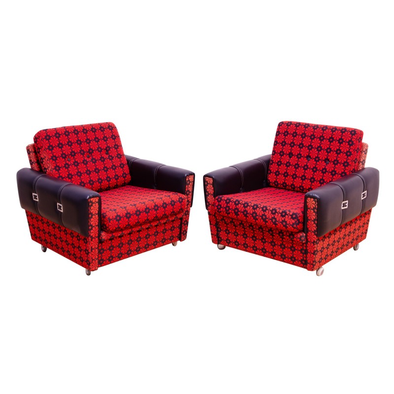 Pair of vintage armchairs in faux leather and fabric, Czechoslovakia 1970
