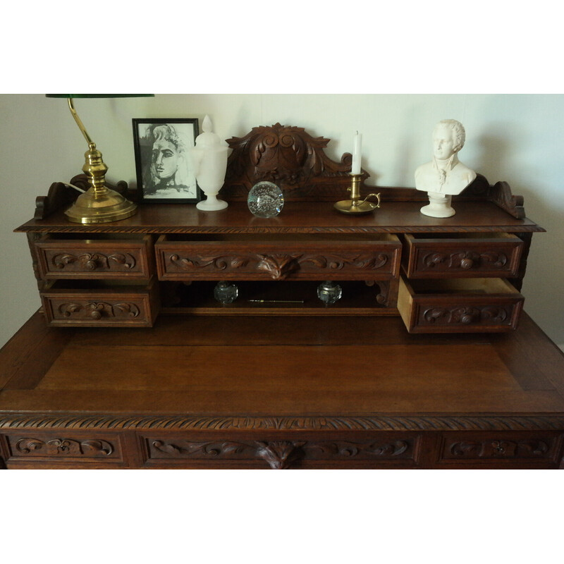 Vintage neo-Renaissance desk with oak crate and tier