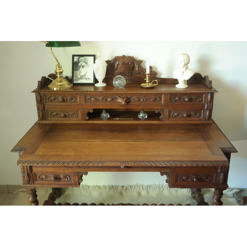 Vintage neo-Renaissance desk with oak crate and tier