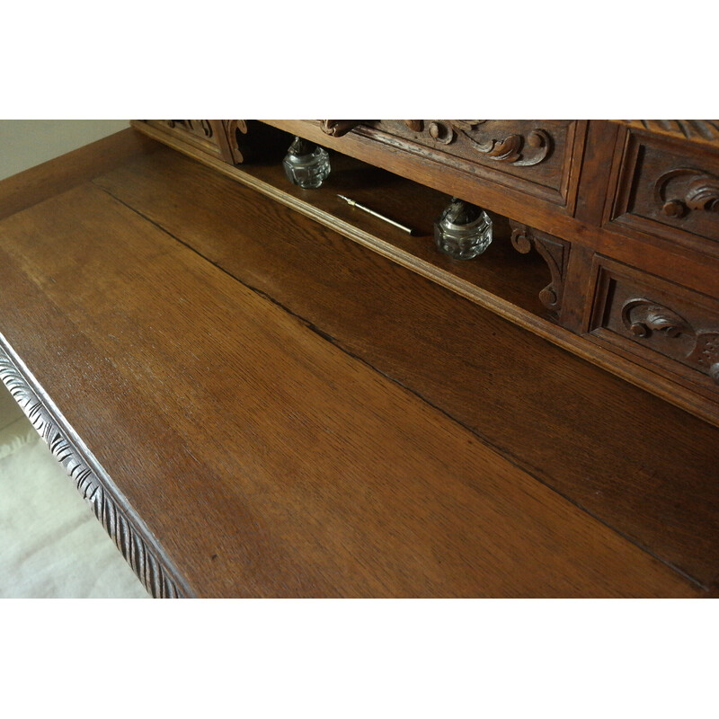 Vintage neo-Renaissance desk with oak crate and tier