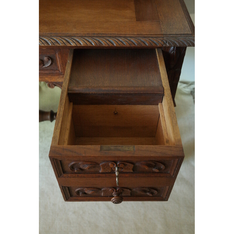 Vintage neo-Renaissance desk with oak crate and tier