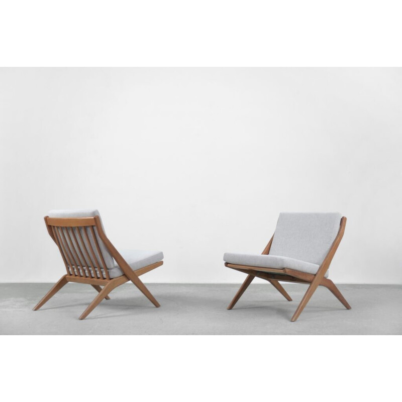 Pair of vintage scissor oak armchairs by Folke Ohlsson for Bodafors, Sweden 1962