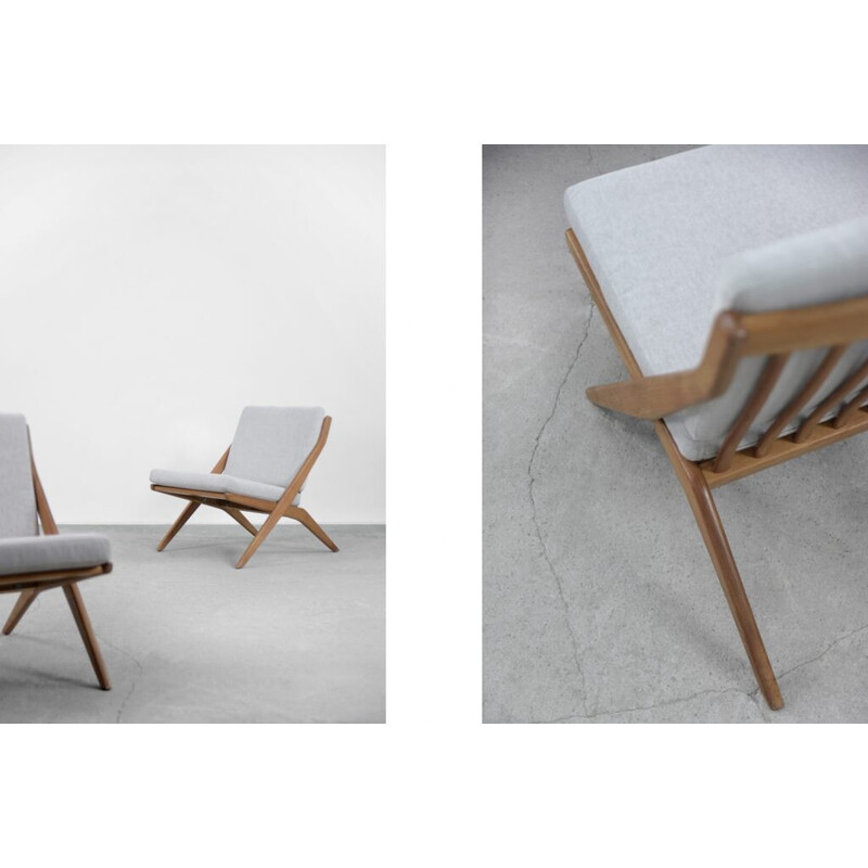 Pair of vintage scissor oak armchairs by Folke Ohlsson for Bodafors, Sweden 1962