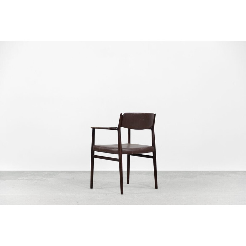 Vintage executive chair in solid wood and brown leather by Arne Vodder, Denmark 1960