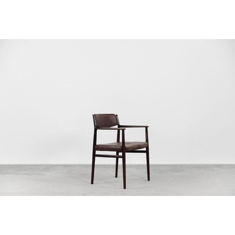 Vintage executive chair in solid wood and brown leather by Arne Vodder, Denmark 1960