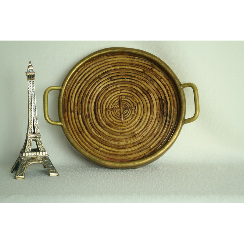 Vintage round rattan and brass tray, Italy 1970