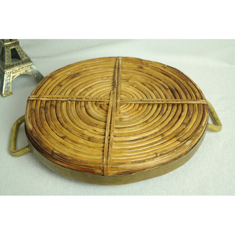 Vintage round rattan and brass tray, Italy 1970
