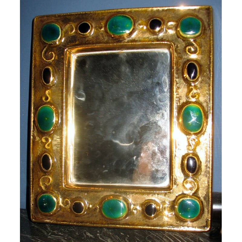 Miroir vintage en or et émail vert-noir par François Lembo, 1960