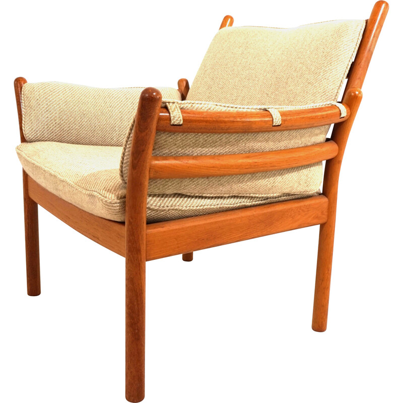 Fauteuil vintage en teck et tissu en laine beige marron par Illum Wikkelso pour CFC Silkeborg, 1960