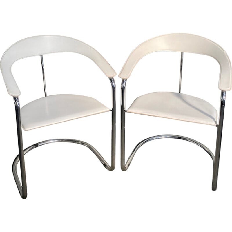 Pair of vintage Canasta armchairs in white leather and chrome metal for Arrben, Italy 1980