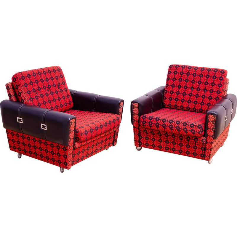 Pair of vintage armchairs in faux leather and fabric, Czechoslovakia 1970