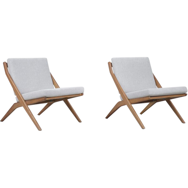 Pair of vintage scissor oak armchairs by Folke Ohlsson for Bodafors, Sweden 1962