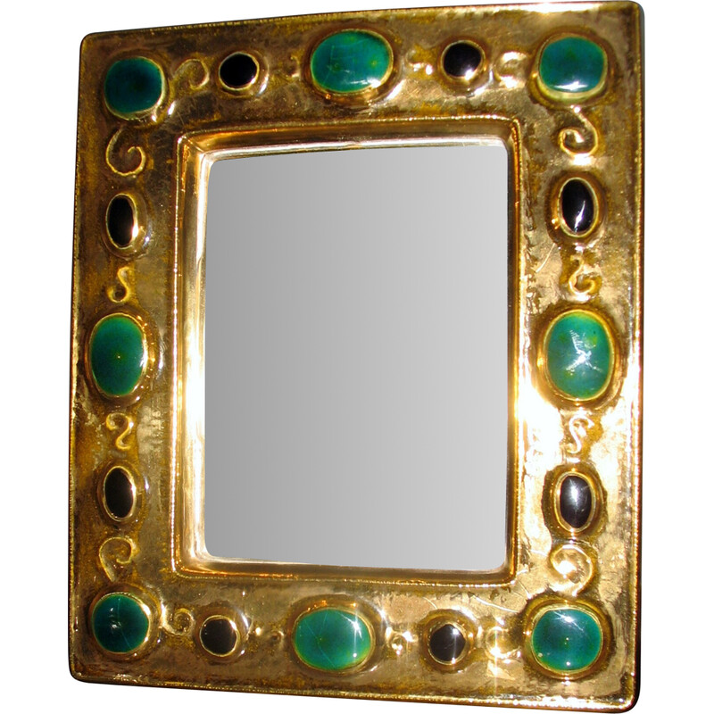 Vintage mirror in gold and green-black enamel by François Lembo, 1960