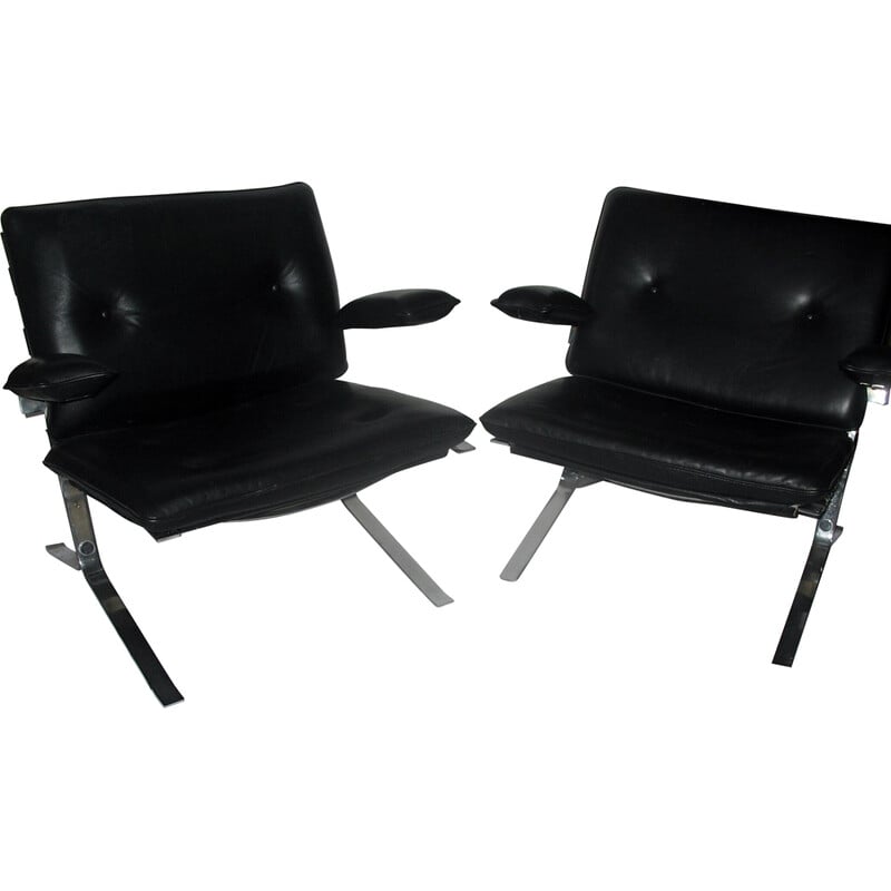 Pair of vintage "Joker" armchairs in chrome steel and black leather by Olivier Mourgue for Airborn, France 1970