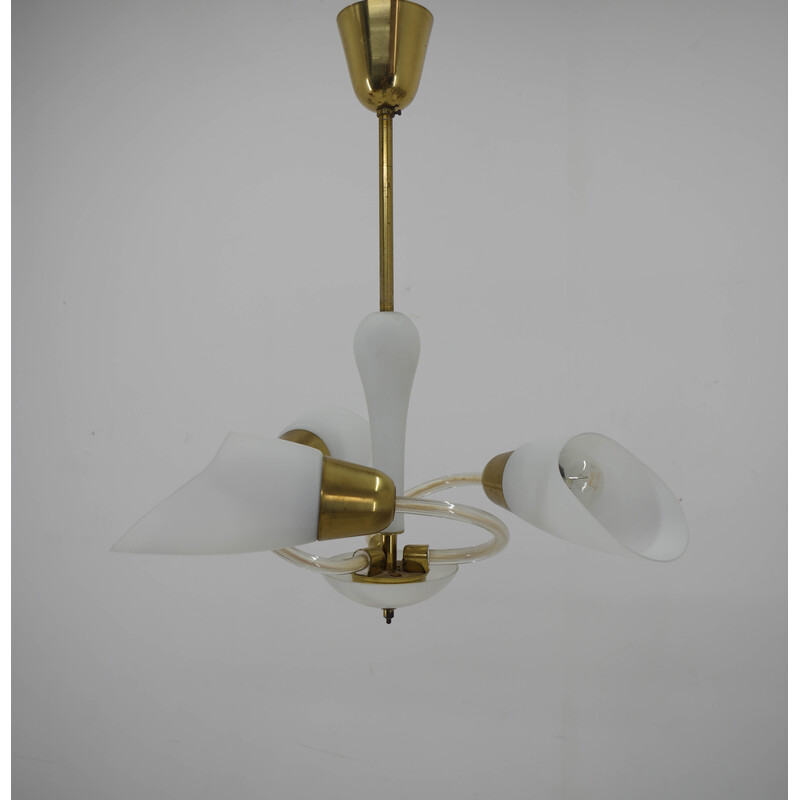 Vintage glass and brass chandelier with 3 flames, Czechoslovakia 1950