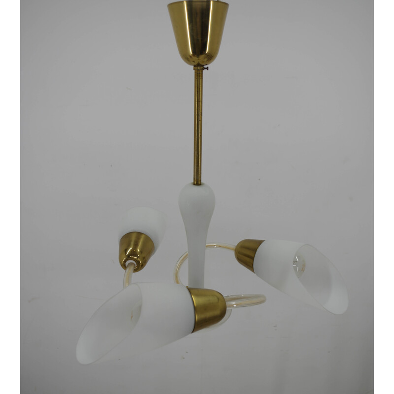 Vintage glass and brass chandelier with 3 flames, Czechoslovakia 1950