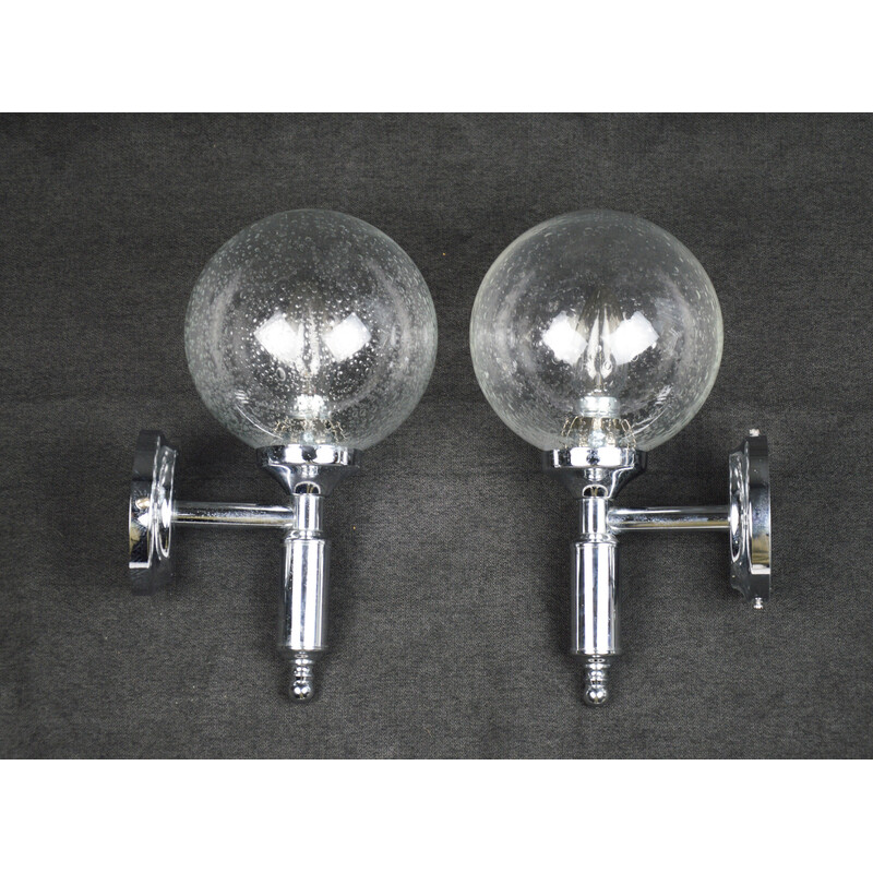 Paar vintage zilveren glazen wandlampen, 1970