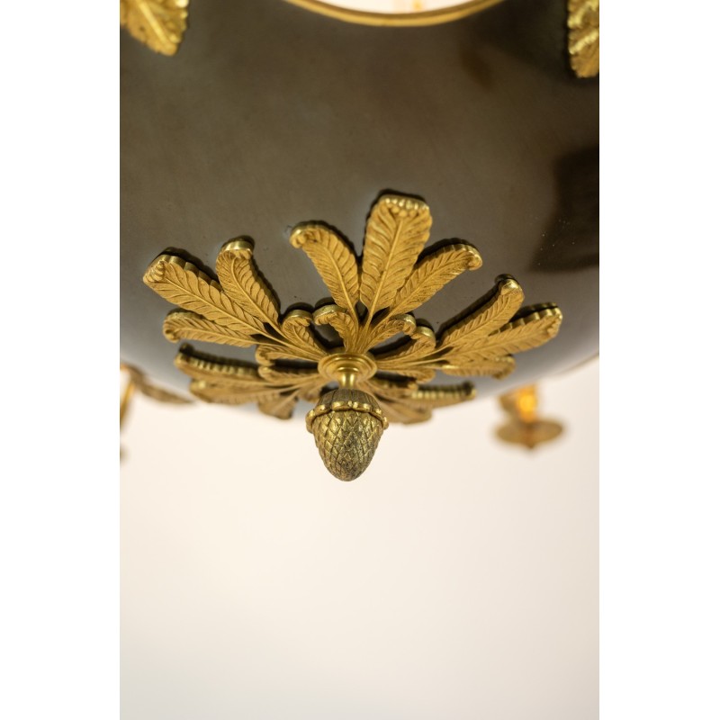 Vintage chandelier in gilded bronze and black lacquered sheet metal for Maison Baguès, France 1950