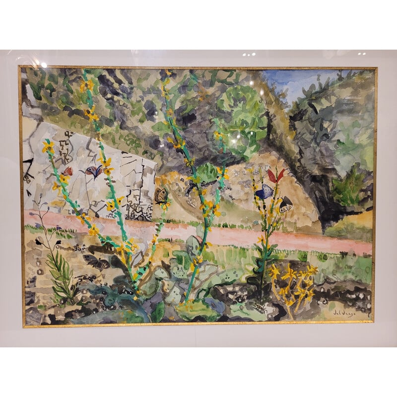 Vintage gouache “Chemin des Papillons” on paper, Italy 1970