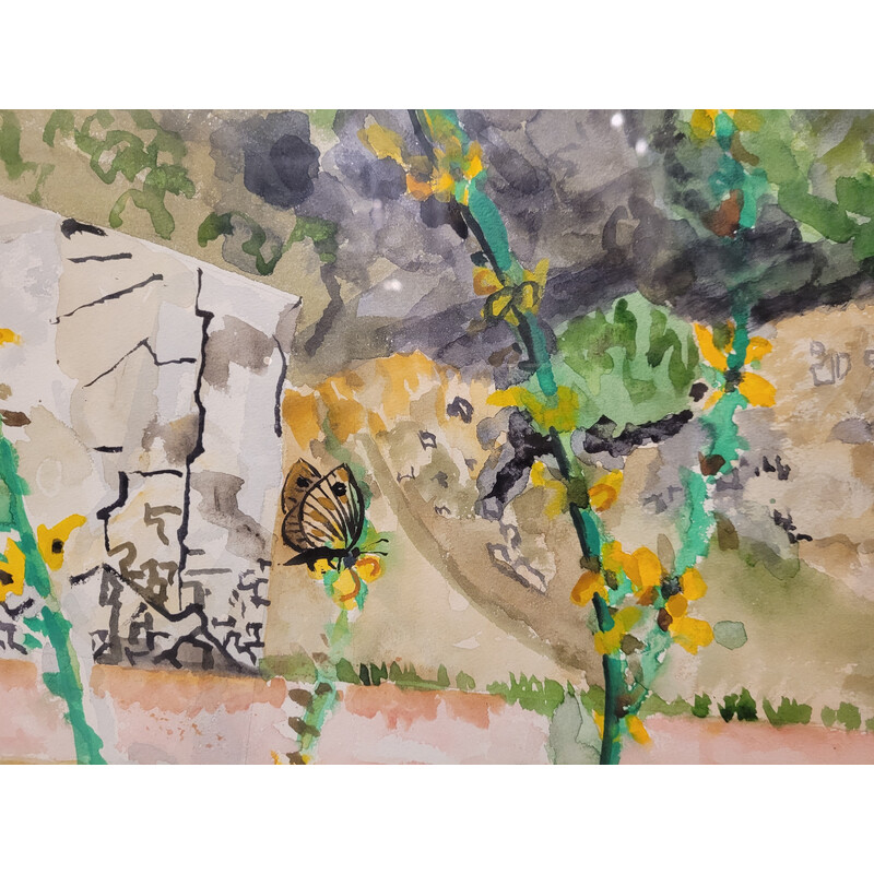 Vintage gouache “Chemin des Papillons” on paper, Italy 1970