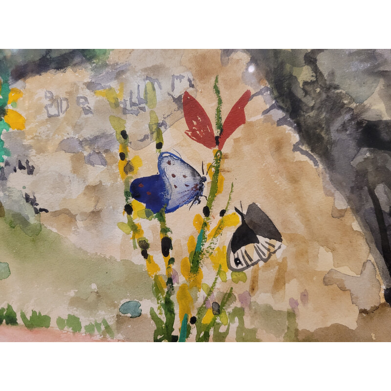 Gouache vintage "Chemin des Papillons" sur papier, Italie 1970