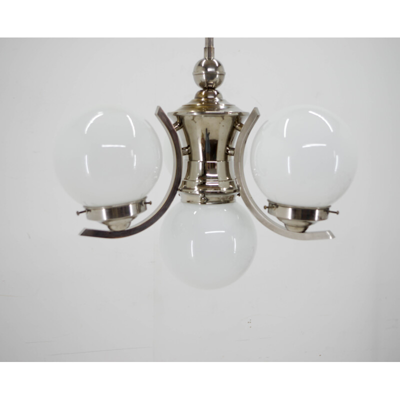 Vintage Art Deco chandelier in opaline glass with 4 flames, 1930