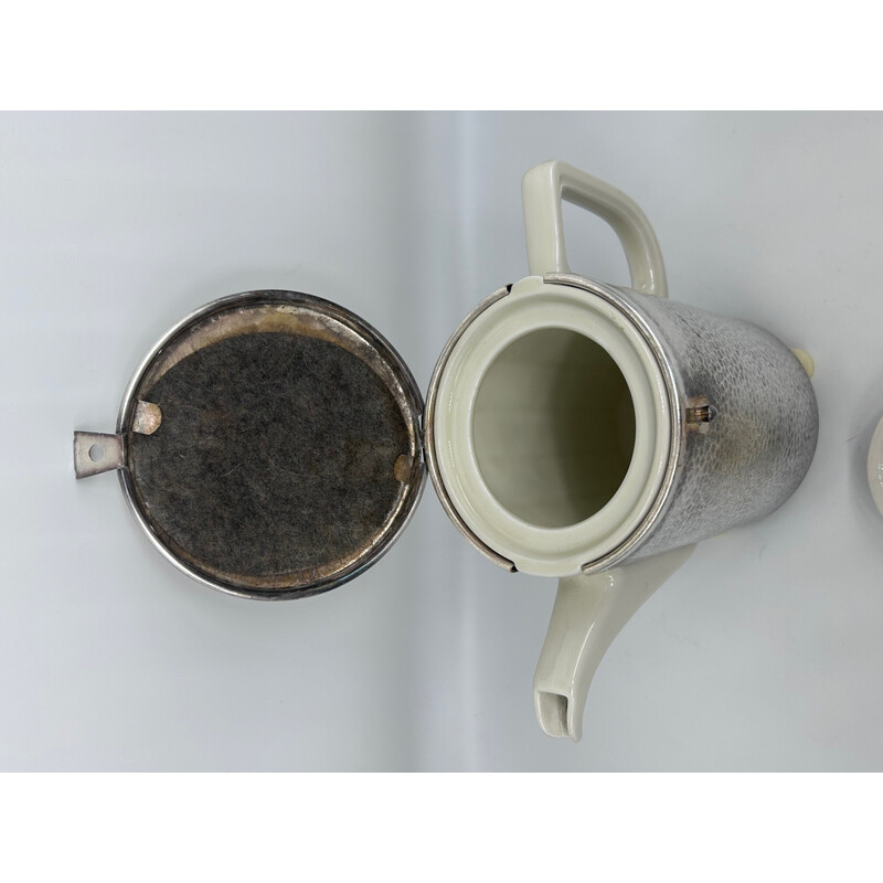 Service à thé vintage Art Déco en métal martelé et porcelaine pour  Wmf, 1930