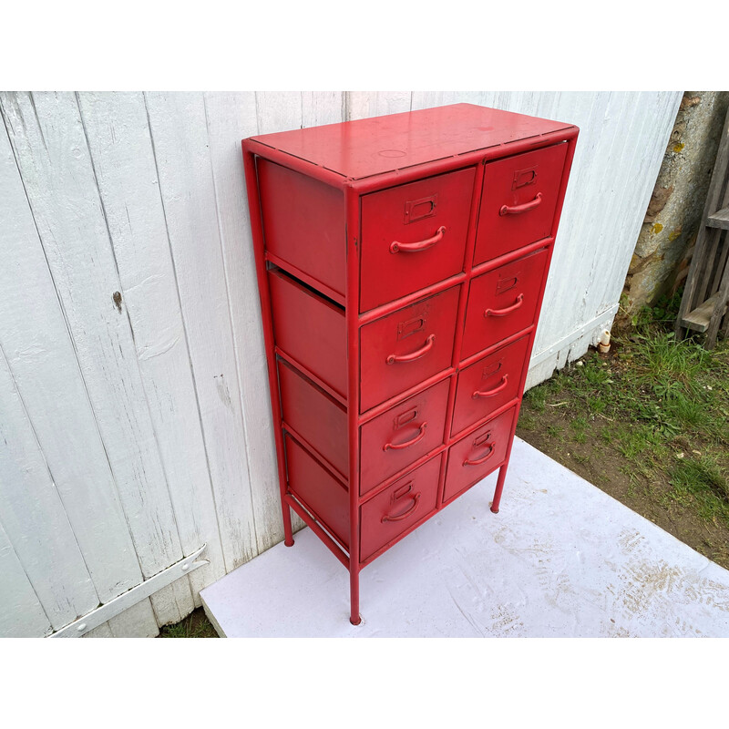 Vintage red industrial storage unit with 8 drawers