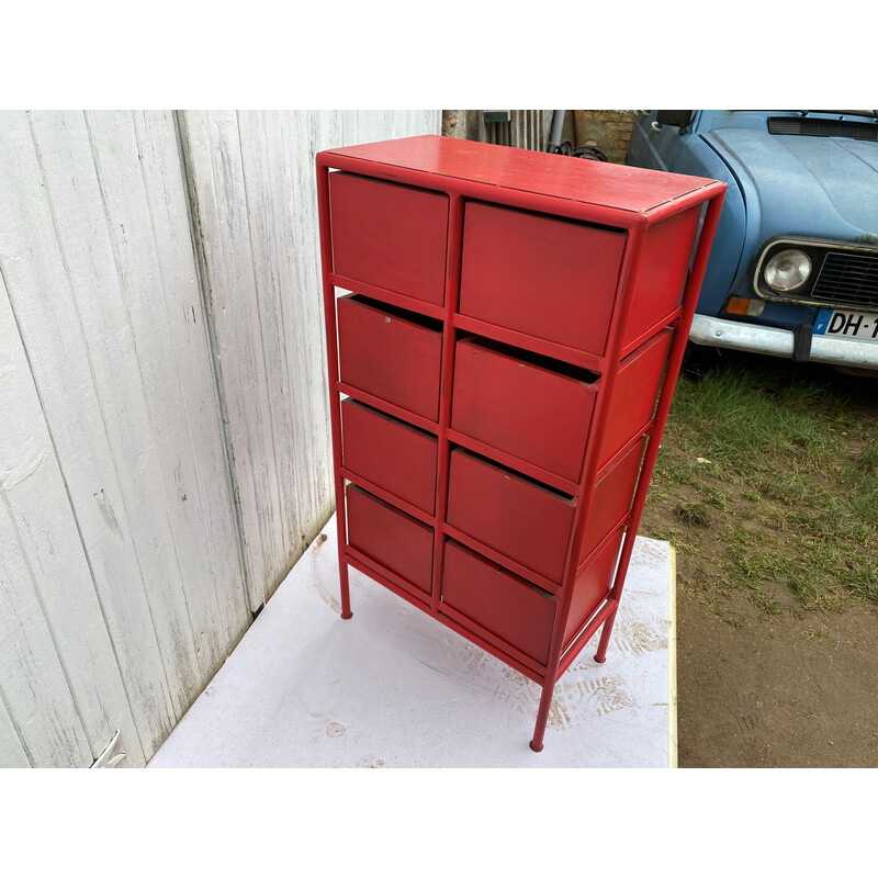 Vintage red industrial storage unit with 8 drawers
