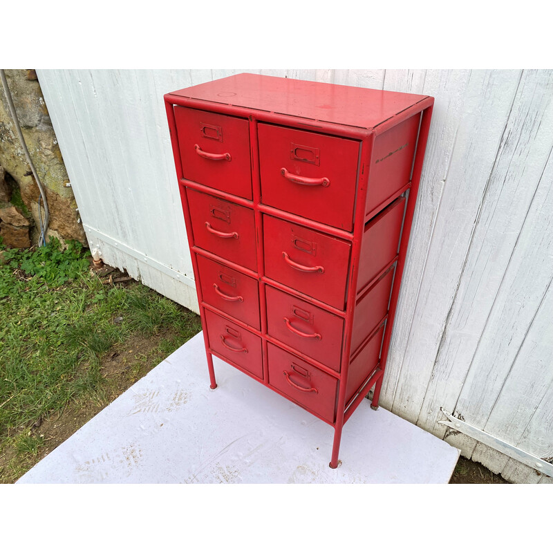 Vintage red industrial storage unit with 8 drawers