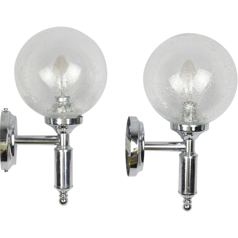 Paar vintage zilveren glazen wandlampen, 1970