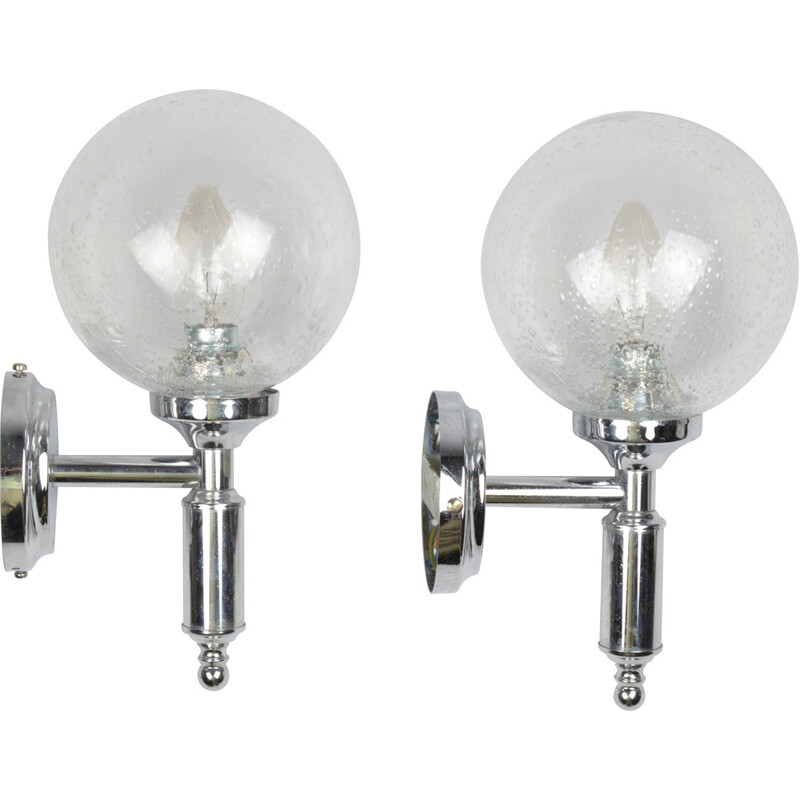 Pair of vintage silver glass wall lamp, 1970