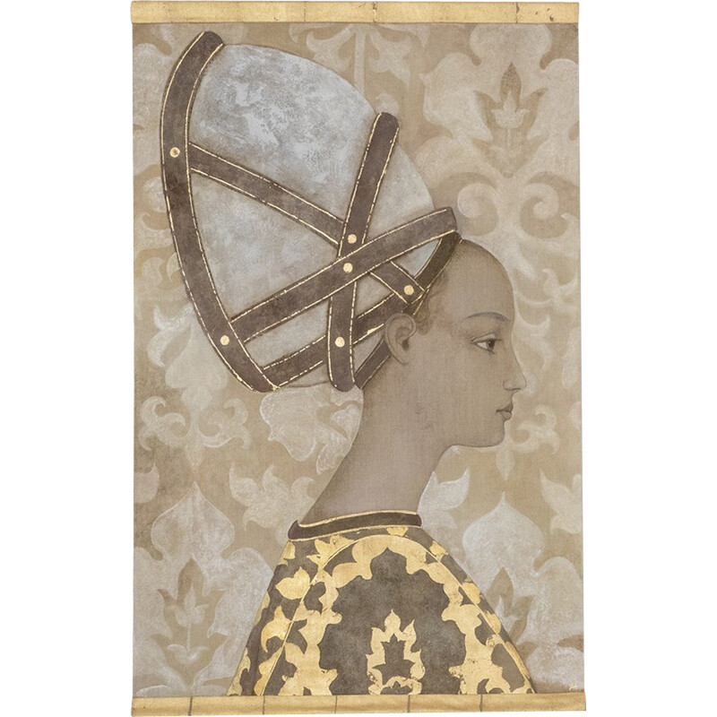 Toile peinte vintage représentant une femme noble de profil, France