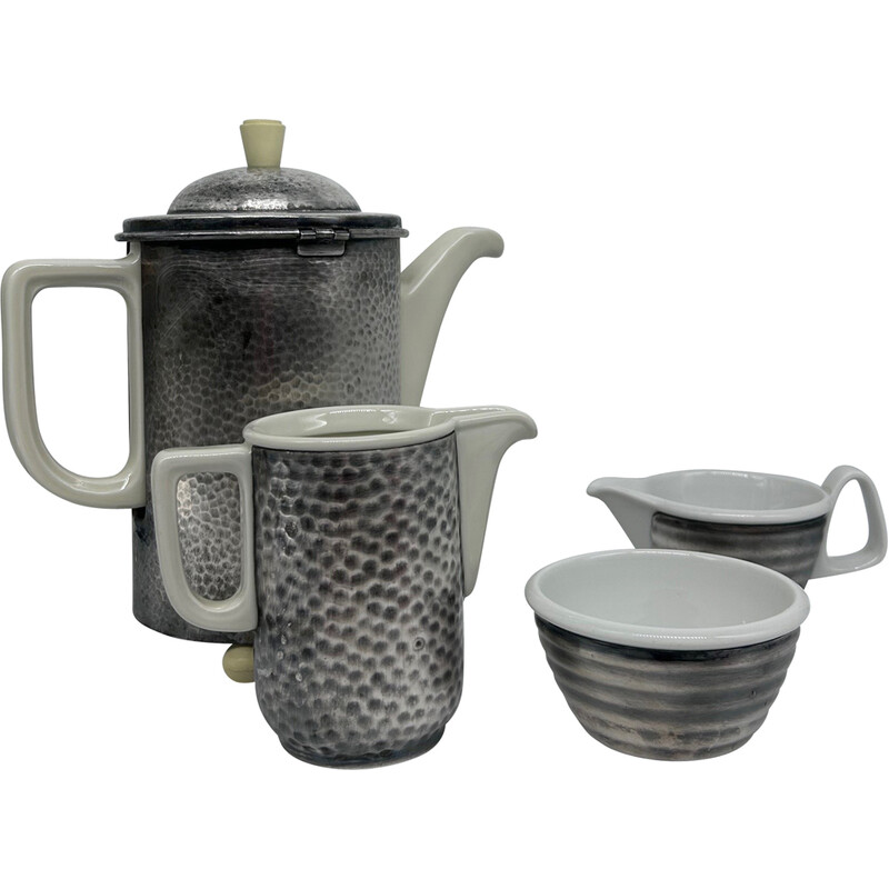 Servizio da tè vintage in metallo martellato e porcellana Art Déco per Wmf, 1930